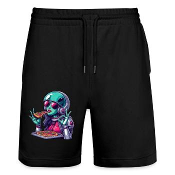 Außerirdische Pizzaliebhaberin - Grüne Alien Frau - Stanley/Stella Unisex Bio Joggingshorts Trainer  - Schwarz - Vorne - Nik (191cm) & Marisol (170cm)