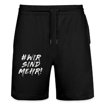 #WIRSINDMEHR # Wir sind mehr - Stanley/Stella Unisex Bio Joggingshorts Trainer  - Schwarz - Vorne - Nik (191cm) & Marisol (170cm)
