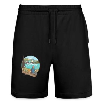 Life is a Journey - Wanderslust Wanderer T-Shirt - Stanley/Stella Unisex Bio Joggingshorts Trainer  - Schwarz - Vorne - Nik (191cm) & Marisol (170cm)