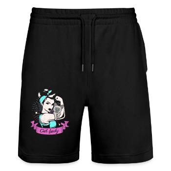 Siamkatze - Stanley/Stella Unisex Bio Joggingshorts Trainer  - Schwarz - Vorne - Nik (191cm) & Marisol (170cm)