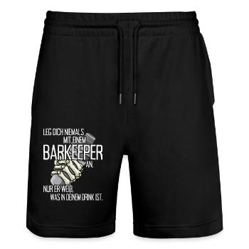 Leg Dich Niemals Mit Einem Barkeeper An Bartender - Stanley/Stella Unisex Bio Joggingshorts Trainer  - Schwarz - Vorne - Nik (191cm) & Marisol (170cm)