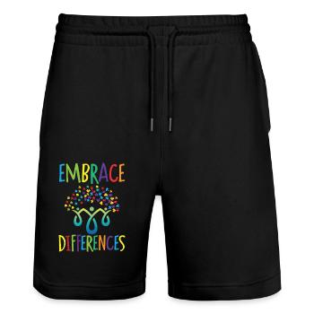 Embrace Differences Autism Handicap Understanding - Stanley/Stella Trainer Unisex Organic Jogging Shorts - black - Front - Nik (191cm) & Marisol (170cm)