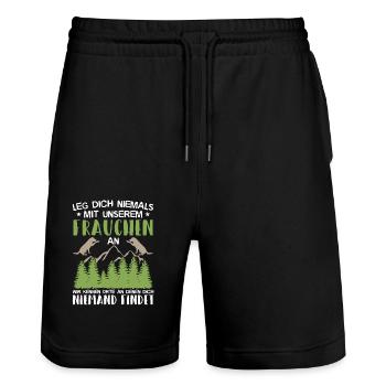 Leg dich niemals mit unserem Frauchen an - Wir ... - Stanley/Stella Unisex Bio Joggingshorts Trainer  - Schwarz - Vorne - Nik (191cm) & Marisol (170cm)