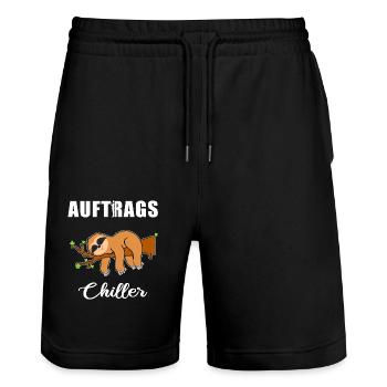 Auftrags Chiller - Faultier Faulenzen Chillen - Stanley/Stella Unisex Bio Joggingshorts Trainer  - Schwarz - Vorne - Nik (191cm) & Marisol (170cm)
