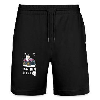 Kindergeburtstag 4. 4 Jahre Alt - Stanley/Stella Unisex Bio Joggingshorts Trainer  - Schwarz - Vorne - Nik (191cm) & Marisol (170cm)