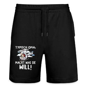 Typisch Oma Teppichklopfer Hubschrauber Aufpassen - Stanley/Stella Unisex Bio Joggingshorts Trainer  - Schwarz - Vorne - Nik (191cm) & Marisol (170cm)
