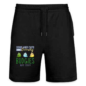Wellensittich, Wellensittich Vögel, Sittich - Stanley/Stella Unisex Bio Joggingshorts Trainer  - Schwarz - Vorne - Nik (191cm) & Marisol (170cm)