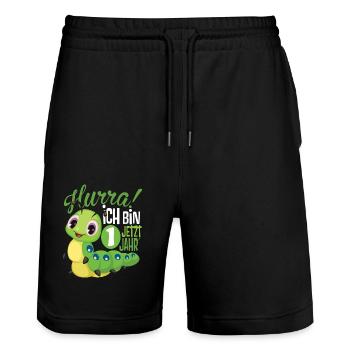 1 Geburtstag Kinder Raupe - Stanley/Stella Unisex Bio Joggingshorts Trainer  - Schwarz - Vorne - Nik (191cm) & Marisol (170cm)