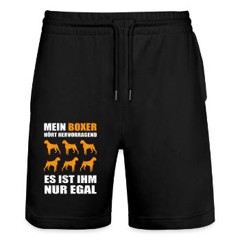 Deutscher Boxer Geschenk mein Boxer hört - Stanley/Stella Unisex Bio Joggingshorts Trainer  - Schwarz - Vorne - Nik (191cm) & Marisol (170cm)