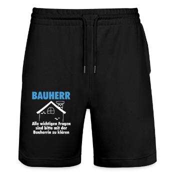 Bauherr lustig Geschenk Hausbau Haus - Stanley/Stella Unisex Bio Joggingshorts Trainer  - Schwarz - Vorne - Nik (191cm) & Marisol (170cm)