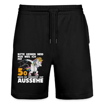50. Geburtstag 50 Jahre Einhorn mit Rollator Stock - Stanley/Stella Unisex Bio Joggingshorts Trainer  - Schwarz - Vorne - Nik (191cm) & Marisol (170cm)