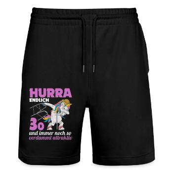 30. Geburtstag 30 Jahre Einhorn mit Rollator Stock - Stanley/Stella Unisex Bio Joggingshorts Trainer  - Schwarz - Vorne - Nik (191cm) & Marisol (170cm)