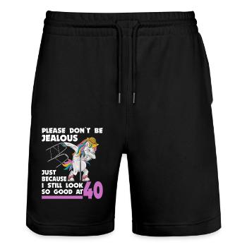 40th birthday 40 years unicorn with rollator stick - Stanley/Stella Trainer Unisex Organic Jogging Shorts - black - Front - Nik (191cm) & Marisol (170cm)
