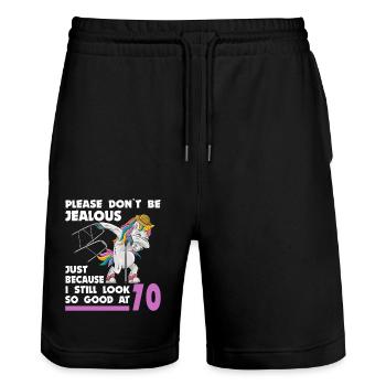 70e anniversaire 70 ans licorne avec bâton de déambulateur - Short de jogging bio TRAINER Stanley/Stella unisexe - noir - Devant - Nik (191cm) & Marisol (170cm)