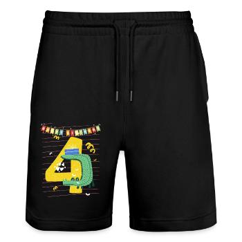Kindergeburtstag Geburtstag 4 Jahre vier Birthday - Stanley/Stella Unisex Bio Joggingshorts Trainer  - Schwarz - Vorne - Nik (191cm) & Marisol (170cm)