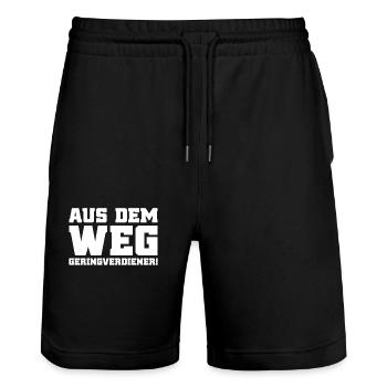 Aus Dem Weg Geringverdiener Bitcoin Miner Trader - Stanley/Stella Unisex Bio Joggingshorts Trainer  - Schwarz - Vorne - Nik (191cm) & Marisol (170cm)