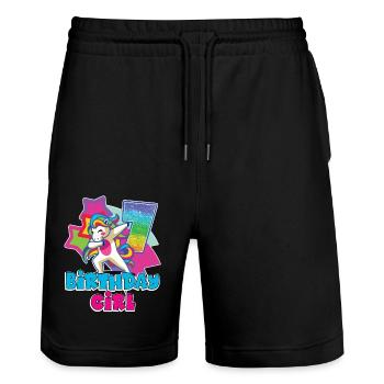 7ème cadeau d'anniversaire pour filles, licorne, 7 ans - Short de jogging bio TRAINER Stanley/Stella unisexe - noir - Devant - Nik (191cm) & Marisol (170cm)