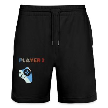 Player 2 Partner Duo Gamer Controller Geschenk - Stanley/Stella Unisex Bio Joggingshorts Trainer  - Schwarz - Vorne - Nik (191cm) & Marisol (170cm)