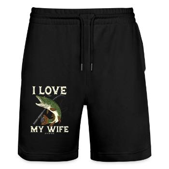 Fishing pike predator for angler saying gift - Stanley/Stella Trainer Unisex Organic Jogging Shorts - black - Front - Nik (191cm) & Marisol (170cm)