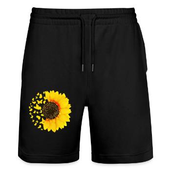 Sonnenblume mit Schmetterlingen, Sonnenblumen - Stanley/Stella Unisex Bio Joggingshorts Trainer  - Schwarz - Vorne - Nik (191cm) & Marisol (170cm)