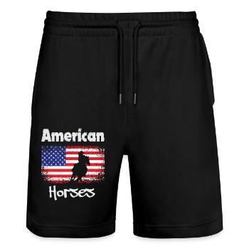 Amerikanische Pferde, Pferd mit Flagge der USA - Stanley/Stella Unisex Bio Joggingshorts Trainer  - Schwarz - Vorne - Nik (191cm) & Marisol (170cm)