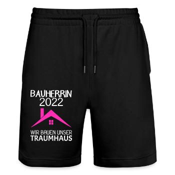 Bauherrin Hausbau Baustelle Richtfest 2022 - Stanley/Stella Unisex Bio Joggingshorts Trainer  - Schwarz - Vorne - Nik (191cm) & Marisol (170cm)