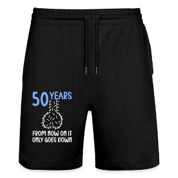 50 ans de gravité, ça descend 50 ans 50 ans. - Short de jogging bio TRAINER Stanley/Stella unisexe - noir - Devant - Nik (191cm) & Marisol (170cm)
