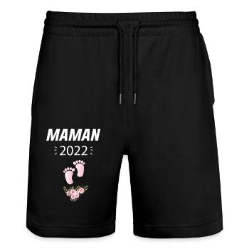Annonce Grossesse Papa Cadeau Future Maman 2022 - Short de jogging bio TRAINER Stanley/Stella unisexe - noir - Devant - Nik (191cm) & Marisol (170cm)