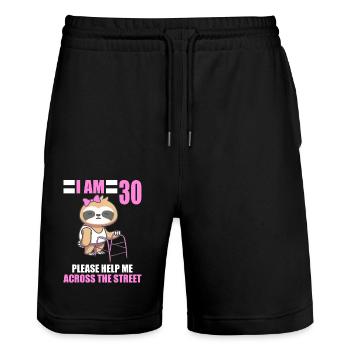 30 bitte helfen Sie mir über Straße 30. Geburtstag - Stanley/Stella Unisex Bio Joggingshorts Trainer  - Schwarz - Vorne - Nik (191cm) & Marisol (170cm)