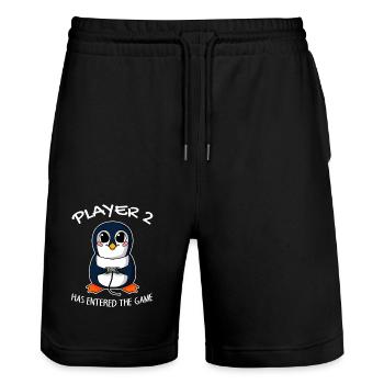 Second Baby Player 2 Baby Penguin Pregnant - Stanley/Stella Trainer Unisex Organic Jogging Shorts - black - Front - Nik (191cm) & Marisol (170cm)