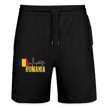 Romania Flag Map Heartbeat for Romanian Pride - Stanley/Stella Trainer Unisex Organic Jogging Shorts - black - Front - Nik (191cm) & Marisol (170cm)