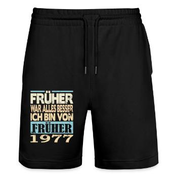 1977 Geboren Früher war alles besser - Stanley/Stella Unisex Bio Joggingshorts Trainer  - Schwarz - Vorne - Nik (191cm) & Marisol (170cm)