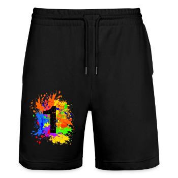 1. Enfants Anniversaire Enfant Fête Coloré Splash Motif - Short de jogging bio TRAINER Stanley/Stella unisexe - noir - Devant - Nik (191cm) & Marisol (170cm)