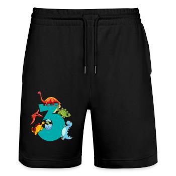 Dinosaur 3 years old 3rd birthday party - Stanley/Stella Trainer Unisex Organic Jogging Shorts - black - Front - Nik (191cm) & Marisol (170cm)