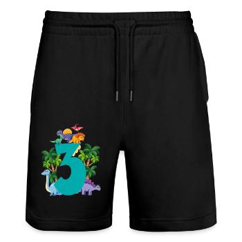 Dinosaur 3 years old 3rd birthday party - Stanley/Stella Trainer Unisex Organic Jogging Shorts - black - Front - Nik (191cm) & Marisol (170cm)