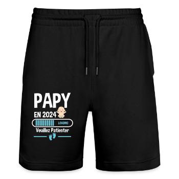 Futur Papy 2024 Grand-père Bébé Grossesse Cadeau - Short de jogging bio TRAINER Stanley/Stella unisexe - noir - Devant - Nik (191cm) & Marisol (170cm)
