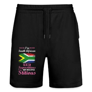 South African gift funny saying South Africa - Stanley/Stella Trainer Unisex Organic Jogging Shorts - black - Front - Nik (191cm) & Marisol (170cm)