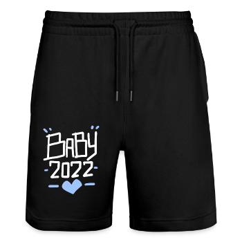 Baby 2022 - Geburt Sohn Schwanger 2022 - Stanley/Stella Unisex Bio Joggingshorts Trainer  - Schwarz - Vorne - Nik (191cm) & Marisol (170cm)