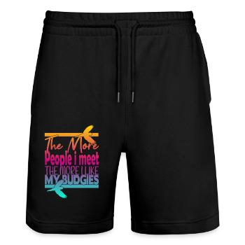Plus je rencontre de gens, plus j’aime mes perruches - Short de jogging bio TRAINER Stanley/Stella unisexe - noir - Devant - Nik (191cm) & Marisol (170cm)