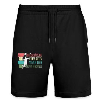 Badminton Alter Mann Badminton spielt - Stanley/Stella Unisex Bio Joggingshorts Trainer  - Schwarz - Vorne - Nik (191cm) & Marisol (170cm)