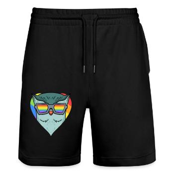 LGBT Tier Eule Regenbogen - Stanley/Stella Unisex Bio Joggingshorts Trainer  - Schwarz - Vorne - Nik (191cm) & Marisol (170cm)