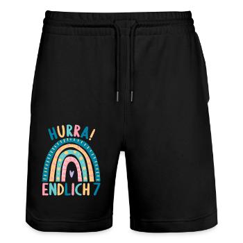 7 Jahre Rainbow Regenbogen 7. Geburtstag - Stanley/Stella Unisex Bio Joggingshorts Trainer  - Schwarz - Vorne - Nik (191cm) & Marisol (170cm)