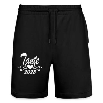 Tante 2023 - Werdende Tante - Tante werden - Stanley/Stella Unisex Bio Joggingshorts Trainer  - Schwarz - Vorne - Nik (191cm) & Marisol (170cm)