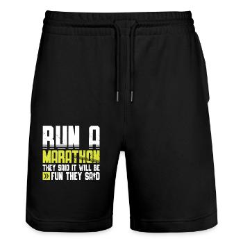 Run A Marathon They Said It Will Fun They Said - Stanley/Stella Unisex Bio Joggingshorts Trainer  - Schwarz - Vorne - Nik (191cm) & Marisol (170cm)