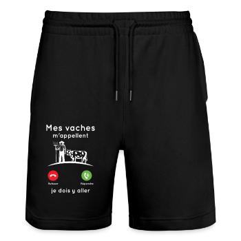 Mes vaches m'appellent, Agriculteur humour cadeau - Short de jogging bio TRAINER Stanley/Stella unisexe - noir - Devant - Nik (191cm) & Marisol (170cm)
