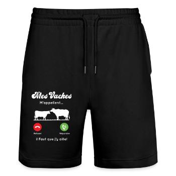 Mes vaches m'appellent, Agriculteur humour cadeau - Short de jogging bio TRAINER Stanley/Stella unisexe - noir - Devant - Nik (191cm) & Marisol (170cm)