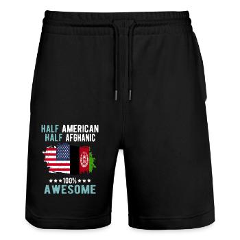 Halb Amerikaner Halb Afghane - Stanley/Stella Unisex Bio Joggingshorts Trainer  - Schwarz - Vorne - Nik (191cm) & Marisol (170cm)