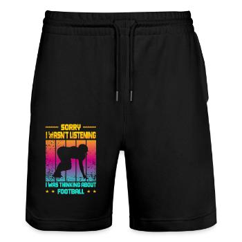 Wasn't Listening was thinking about Football - Stanley/Stella Unisex Bio Joggingshorts Trainer  - Schwarz - Vorne - Nik (191cm) & Marisol (170cm)