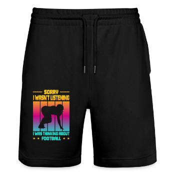 Wasn't Listening was thinking about Football - Stanley/Stella Unisex Bio Joggingshorts Trainer  - Schwarz - Vorne - Nik (191cm) & Marisol (170cm)