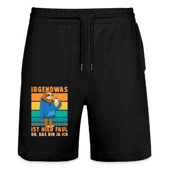 Faultier Irgendwas ist hier Faul - Stanley/Stella Unisex Bio Joggingshorts Trainer  - Schwarz - Vorne - Nik (191cm) & Marisol (170cm)
